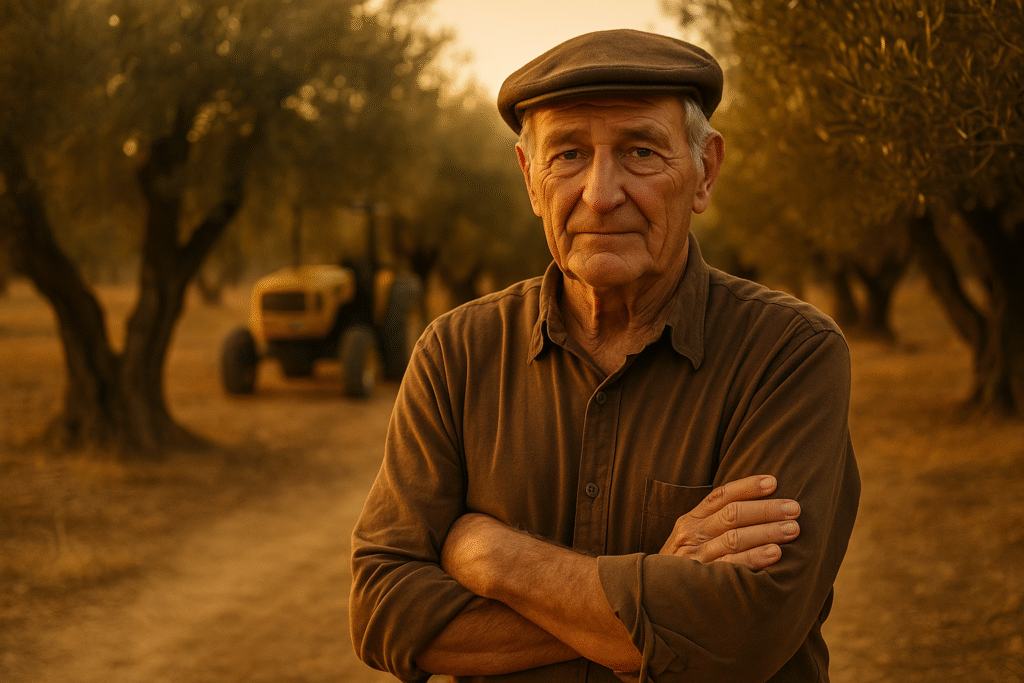 Anciano agricultor entre olivos al atardecer, símbolo del legado familiar de Triguero Gómez