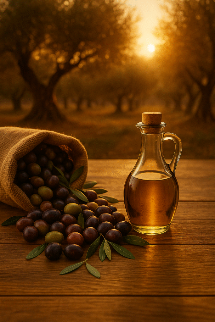 Botella de aceite de oliva virgen extra en mesa rústica, símbolo de tradición y autenticidad.