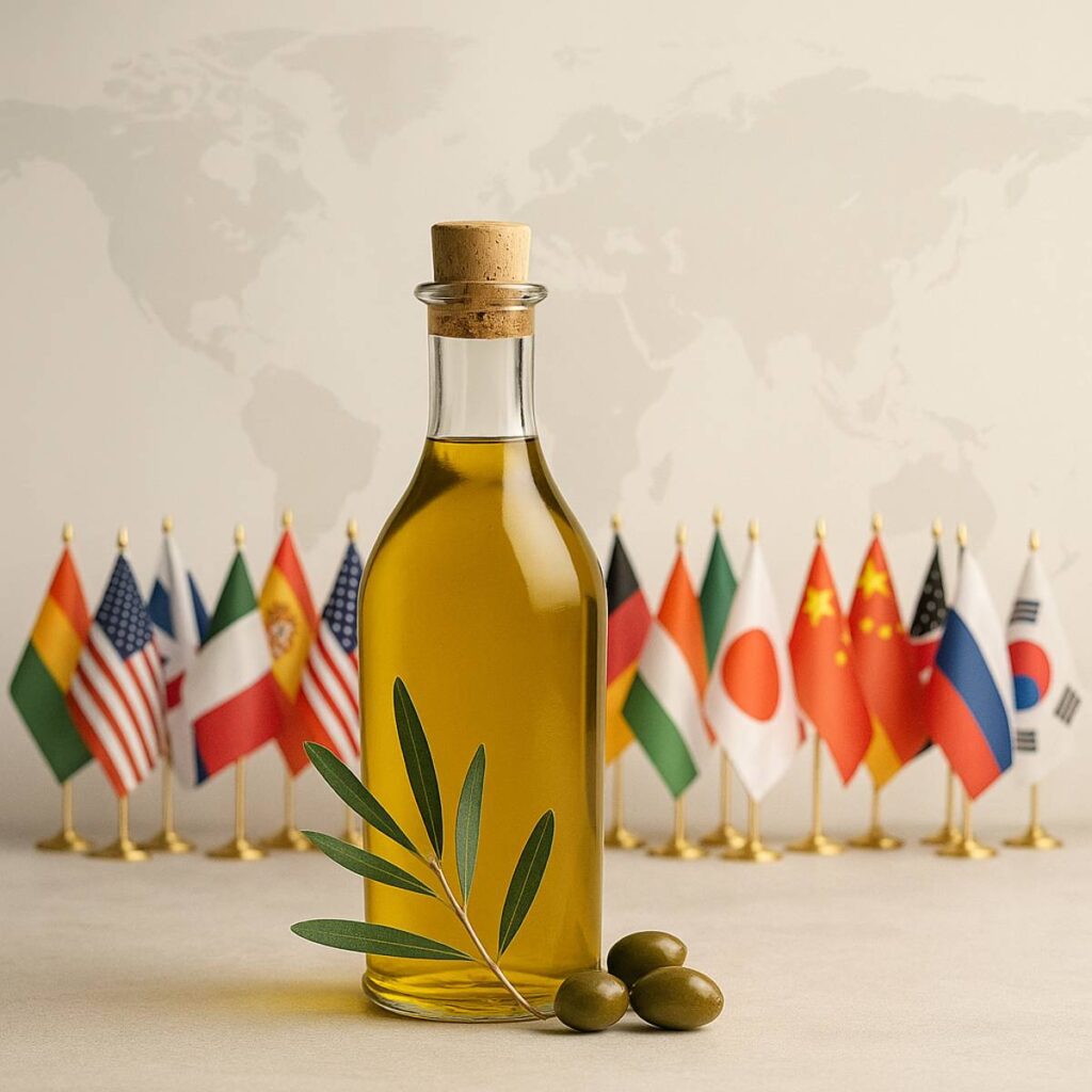 Botella de aceite de oliva virgen extra con rama de olivo y banderas internacionales sobre fondo de mapamundi