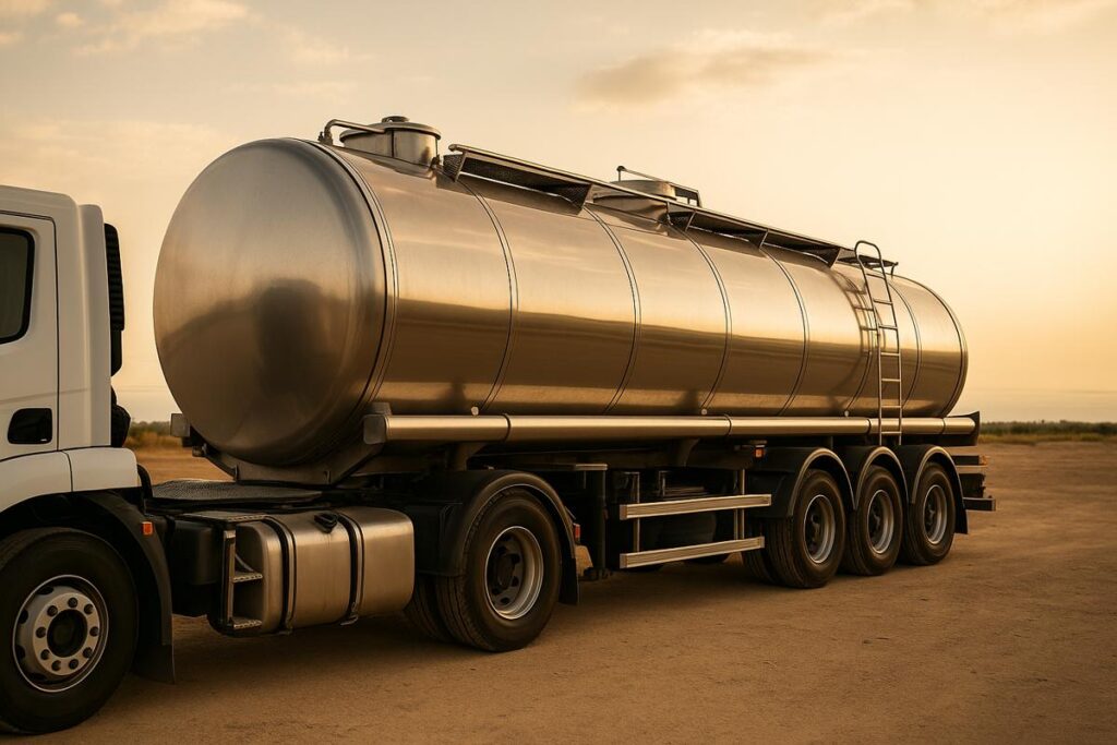 Camión cisterna para transporte de aceite de oliva a granel junto al molino al atardecer