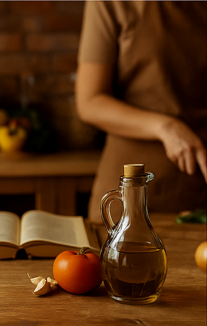 Escena de cocina tradicional con aceite de oliva, tomate y recetario, representando la Triguero Gómez Academy